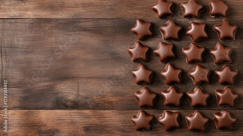 Chocolate star-shaped candies arranged on a wooden surface.