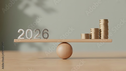 2026 financial balance concept with wooden scale and stacked coins representing growth and stability