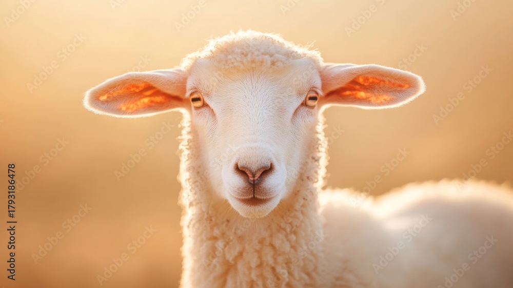 Fototapeta premium Close up of sheep wool texture with soft golden light in pastoral setting