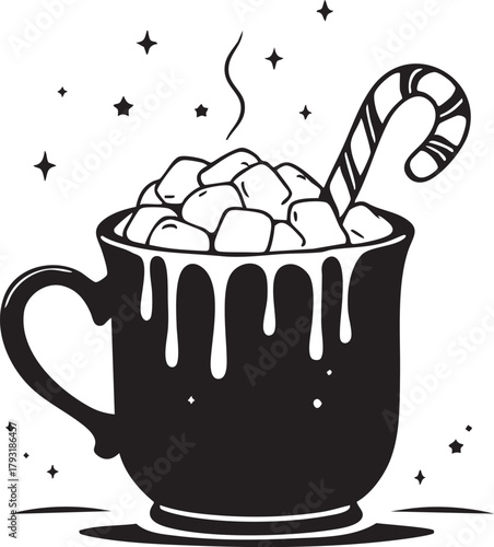 Hot chocolate mug illustration with marshmallows, candy cane, and steam in festive black-and-white vector style