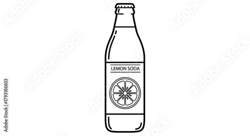 A line art illustration of a bottle with lemon soda label, featuring a lemon slice graphic.