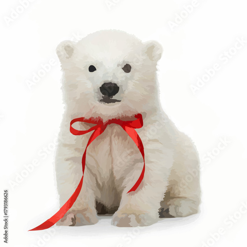 Cute Polar Bear Cub with Blue Ribbon

