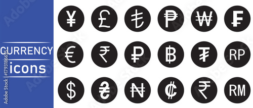 Currency icons set. Us dollar, euro, Australian dollar, pound, yuan, rupees, dinar, Romanian dinar, symbol sign. Cryptocurrency all types of money symbols, coins icon. Vector illustration. 