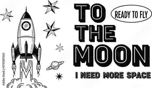 Illustration of handdrawn illustration of a rocket ship with stars and planets perfect for spacethemed designs, childrens books, and educational materials