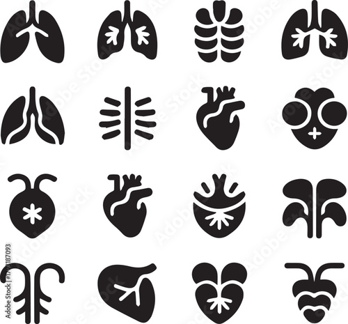 Black icons of human organs lungs heart rib cage brain and more vector