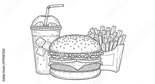 Line art drawing of a burger, fries, and a drink with ice and a straw.