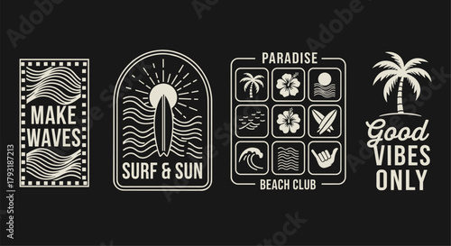 Illustration of a collection of four vintageinspired beach and surf themed designs featuring palm trees, surfboards, waves, and tropical flowers on a dark background