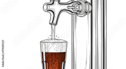 A draft beer tap dispenses a dark beverage into a clear glass, creating foam.