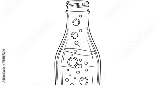 Line art illustration of a bottle filled with liquid and bubbles.