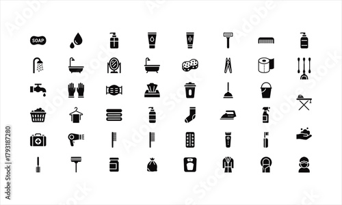 Essential everyday icons for hygiene, cleaning, and personal care needs, perfect for websites, apps, and presentations