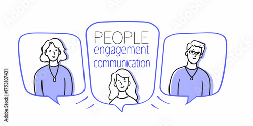 Diverse people in speech bubbles discussing people engagement and communication strategies