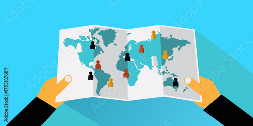 Hands holding a world map with colorful people icons representing global connections and diversity