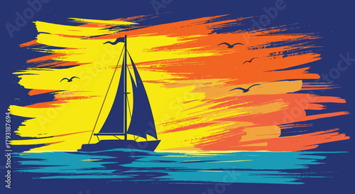Illustration of a sailboat is silhouetted against a vibrant sunset, its sails catching the last light of day, while birds soar above the tranquil sea, creating a serene scene