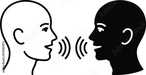 Two stylized human heads engage in active verbal communication.