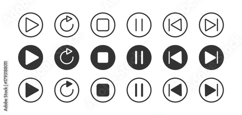 Media player button icons set. Pause, rewind, fast forward icon. Ui elements. Music player buttons. Video controls.  Vector illustration 