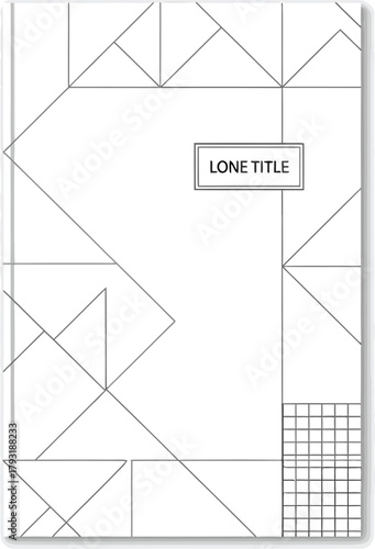 A white notebook with geometric shapes and a grid pattern and a label that says lone title on it