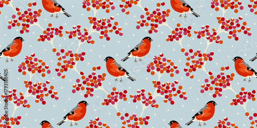  Rowanberry, red birds and fall of  snow seamless pattern design on blue background. Playful pattern textile, wallpapers and seasonal decor. Vector illustration design
