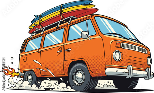Illustration of an orange vintage van with surfboards on top is speeding down the road, flames shooting from the exhaust, creating a dynamic and whimsical illustration of summer fun
