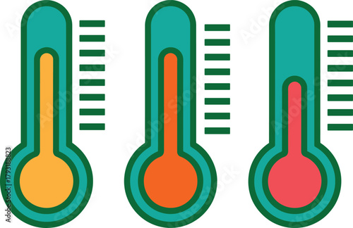Varying temperature levels shown by three colorful thermometers