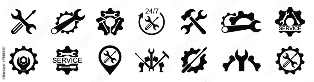 Naklejka premium service, repair, tools, wrench, gear, spanner, hammer, screwdriver, icon, symbol, maintenance, technical, support, 24/7, work, industry, mechanical, engineering, workshop, logo, graphic, element, coll
