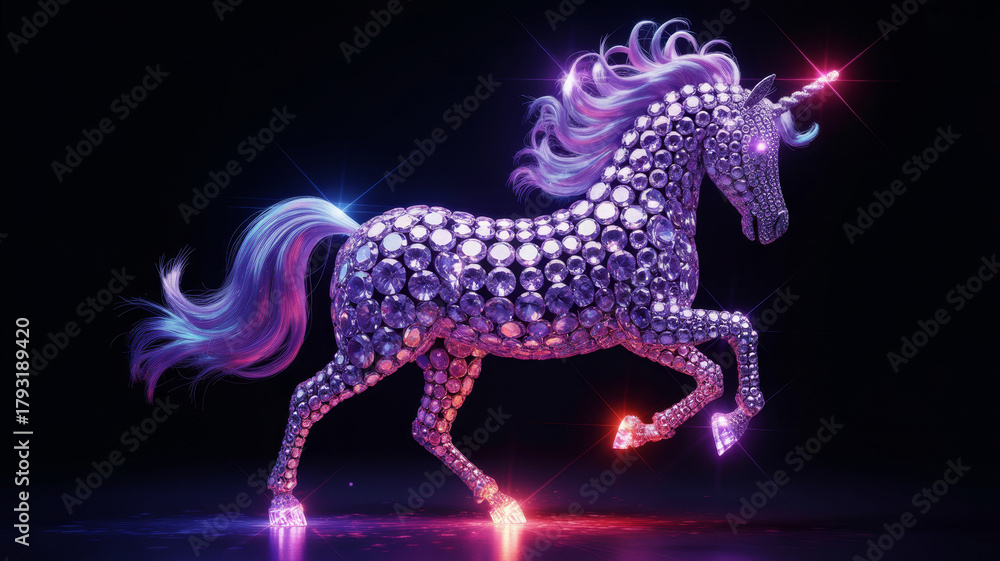 Fototapeta premium Glittering unicorn sculpture a fantasy animal with a diamond pattern illuminated by neon lights against a dark background