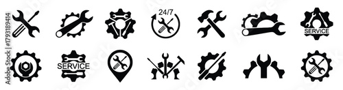 service, repair, tools, wrench, gear, spanner, hammer, screwdriver, icon, symbol, maintenance, technical, support, 24/7, work, industry, mechanical, engineering, workshop, logo, graphic, element, coll