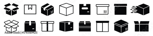 box, package, shipping, delivery, cargo, logistics, storage, open, closed, cardboard, parcel, icon, set, collection, black and white, graphic, design, isometric, perspective, moving, fast, transport, 
