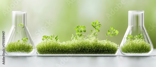 Small green plants growing in laboratory glassware on a soft green background representing clean energy and nature.