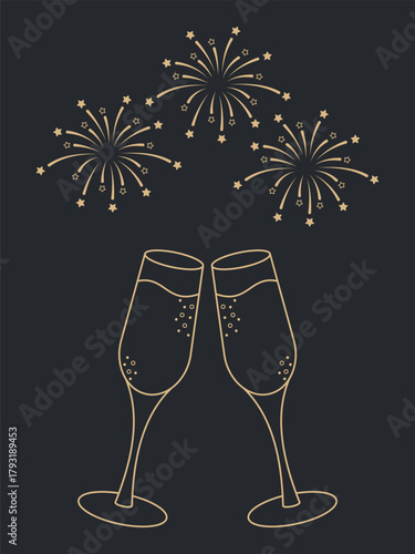Elegant New Year and Christmas celebration illustration with clinking champagne glasses, festive fireworks and holiday greeting text. Perfect for seasonal greeting cards, invitations and decorations.