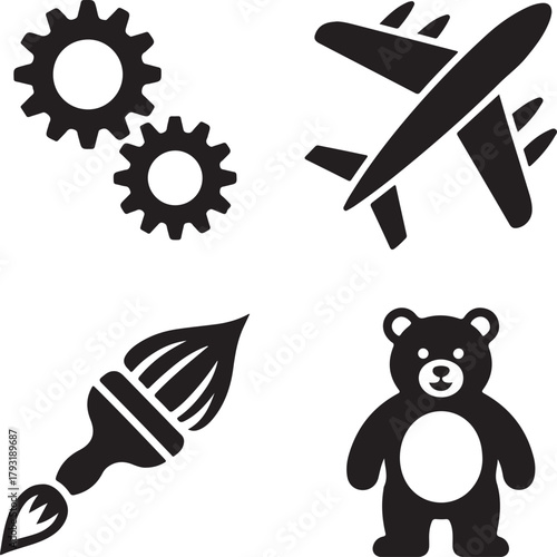 Set of diverse flat icons for industry, travel, art, and toys