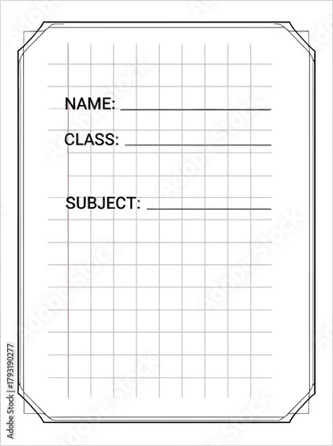 A sheet of graph paper with fields for name class and subject in a black and white image format