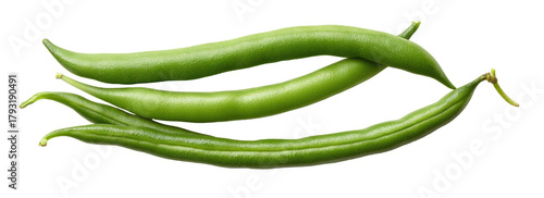 Three green beans arranged in a slightly overlapping manner