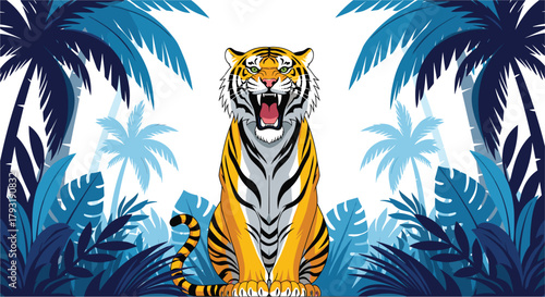 Illustration of roaring tiger in a jungle setting with palm trees, showcasing its power and ferocity, with a vibrant and colorful illustration style, perfect for wildlife enthusiasts