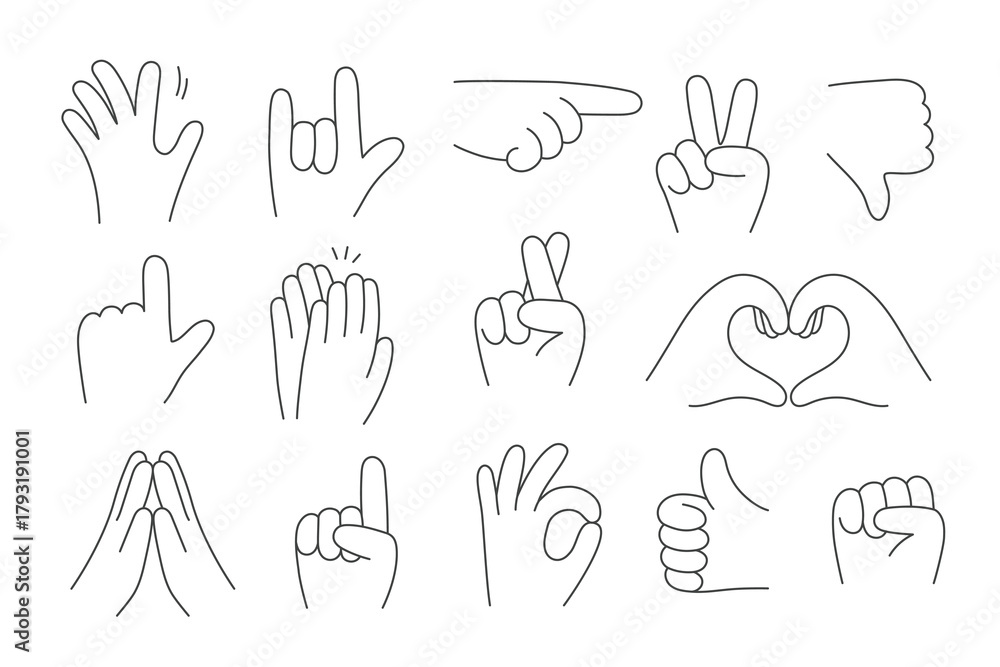 Fototapeta premium Collection of outline hands with different gestures. Doodle style. Isolated vector illustration