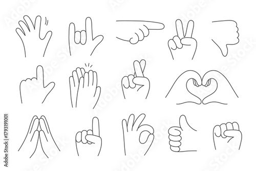 Collection of outline hands with different gestures. Doodle style. Isolated vector illustration