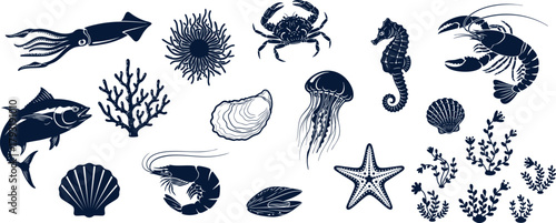 SEAFOOD COLLECTION , Dive into ocean treasures with stylized sea life, perfect for coastal decor and nautical themes, featuring a seahorse, crab, lobster, and jellyfish in modern artistic style