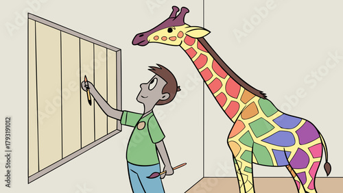 2D Artist Painting Rainbow Giraffes While Real Giraffe Watches Vector