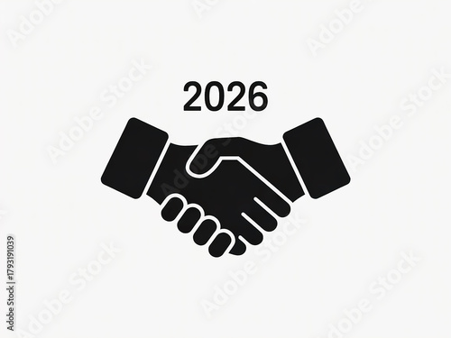 2026 Partnership Silhouette: A clean, minimalist illustration of two hands clasped in a handshake, above the year 2026, symbolizing agreement and partnership. 