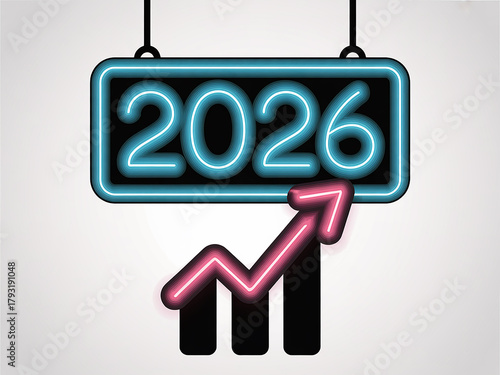 Digital Illustration of 2026 Prediction: A digital illustration portrays the year 2026, set against a neon sign. Below it, an ascending graph suggests growth and future success.