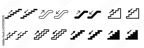 stairs icon vector design set. climbing stairs and arrows in various positions. Staircase Arrow Icons Representing up and down Progress Vector Set.