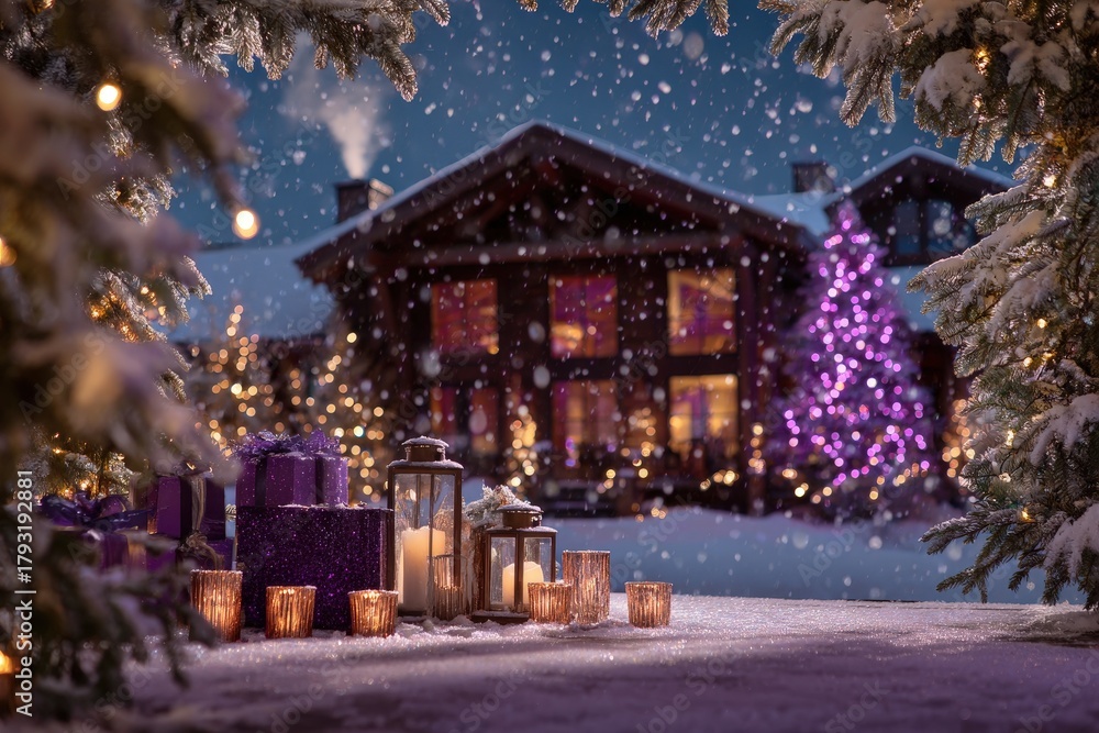 Obraz premium Festive holiday scene depicts glowing lanterns and purple gifts outside a snow-covered wooden dwelling at night