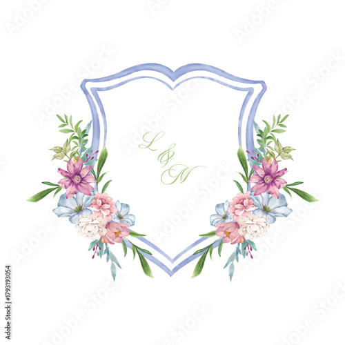 A beautiful watercolor floral crest featuring delicate pink, purple, and blue flowers framing a shield with initials L and M, perfect for elegant celebrations.