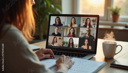 A woman participating in a virtual meeting on a laptop with nine participants in grid mode – A cozy home office with a cup of coffee and a laptop.