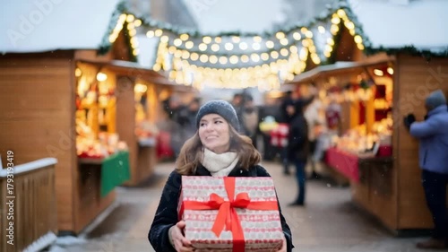 Happy caucasian woman holding a Christmas gift, walking through a festive open air winter market for holiday shopping.