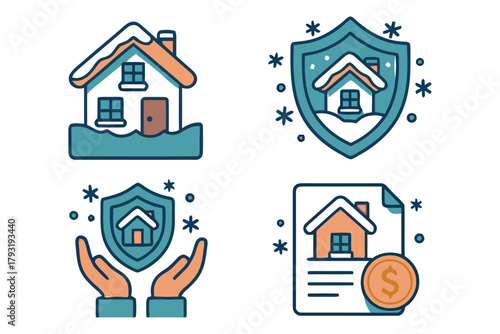Illustrations depict home insurance and protection against winter weather.