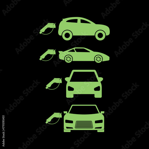 Set of electric car with plug icon isolated on black background