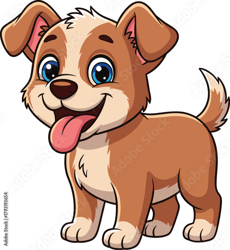 Cartoon puppy illustration, brown and cream dog, blue eyes, wagging tail, smiling pet, vector art, children’s design, stock image
