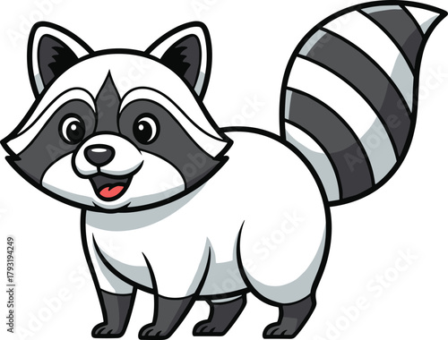 Cartoon raccoon character, cheerful white animal, smiling face, black mask, bushy tail, cute mascot, kids content, vector illustration