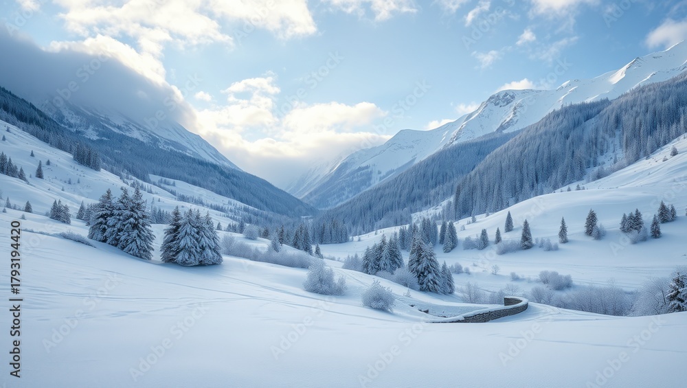 Fototapeta premium Serene Winter Mountain Landscape with Snow-Covered Valleys, Frosted Trees, and Soft Morning Light in Peaceful Alpine Scenery