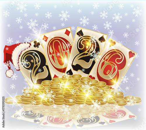 Happy 2026 new year. Christmas casino poker cards, vector illustration